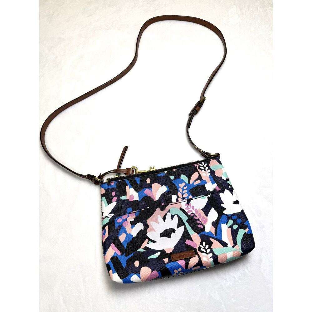 Fossil Fionia Small Crossbody Floral Coated Canvas Leather Accents Adjustable